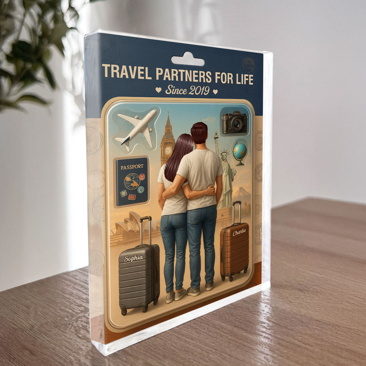 3D Effect Custom Figure Couple Traveling Partners For Life Personalized Rectangle Acrylic Block