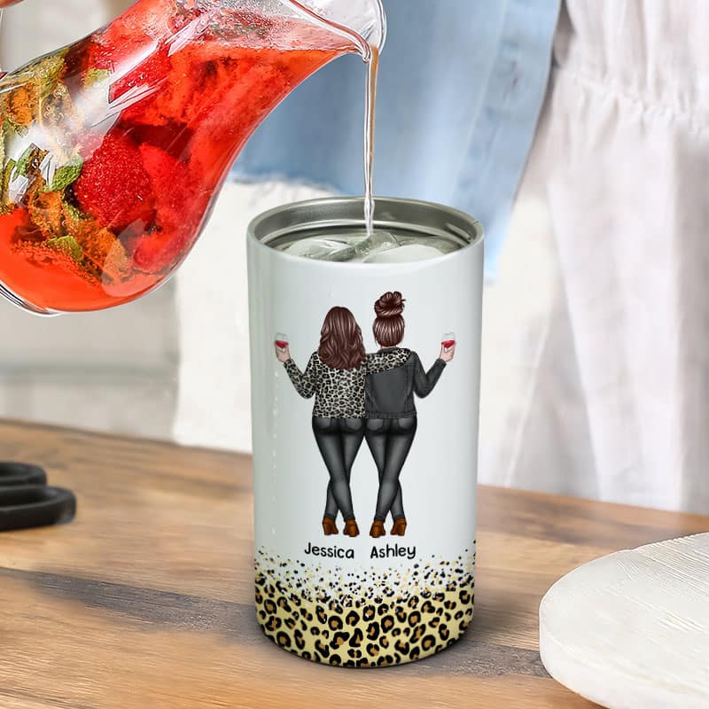 Back View Besties Sisters Leopard Gift Personalized 4 In 1 Can Cooler