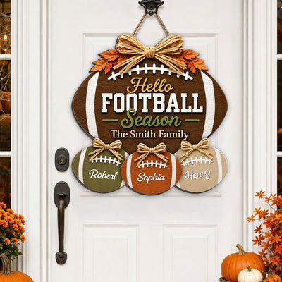 Family Hello Football Season - Personalized Wood Sign - Football Season Decor For Family