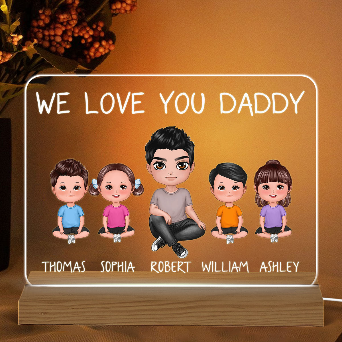 We Love You Daddy Doll Man Sitting Crossed Legs With Doll Kids Personalized Custom Shape Acrylic Plaque Warm LED Night Light
