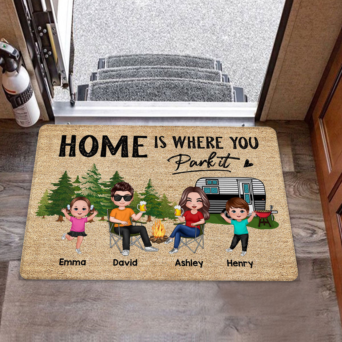 Whole Family Doll Couple Dad Mom Kids Dogs Cats Camping Personalized Doormat