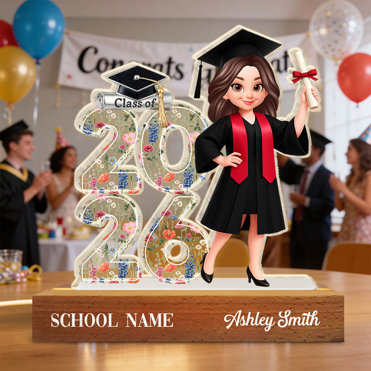 Class Of 2026 2027 Senior Floral - Personalized Acrylic Block LED Night Light - Graduation Gift For Graduates, Daughter