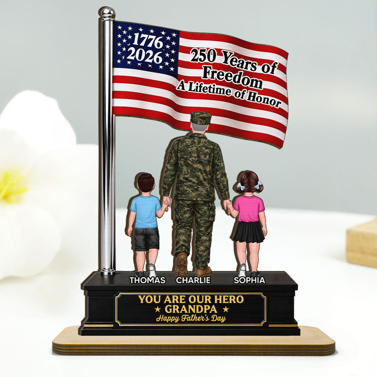 Proud American Army Military Veteran Grandpa Dad America 250th Anniversary - Personalized 2-Layered Wooden Plaque - Father's Day Gift For Dad, Grandpa Husband