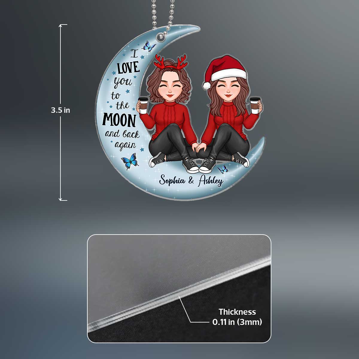 Cute Doll Besties On Moon Gift For Best Friend Personalized Acrylic Ornament