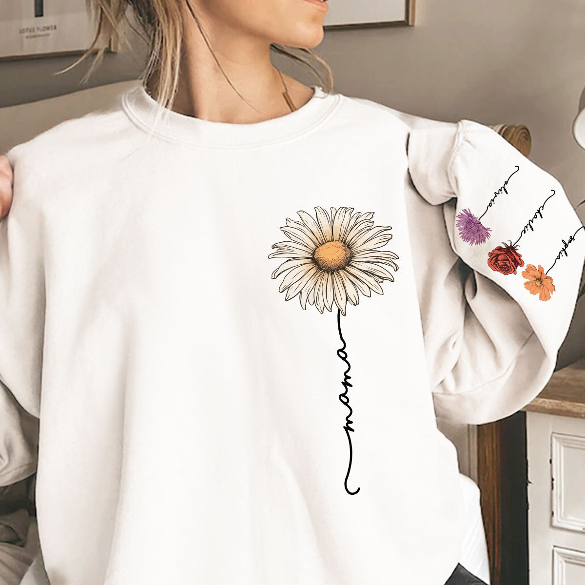 Mama Mom Grandma Birth Month Flower Personalized Sleeve Printed Sweatshirt