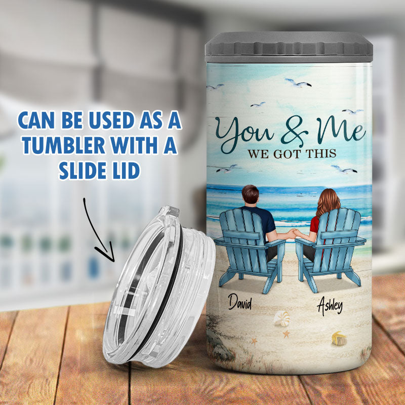 Back View Couple Sitting Beach Landscape Personalized Can Cooler