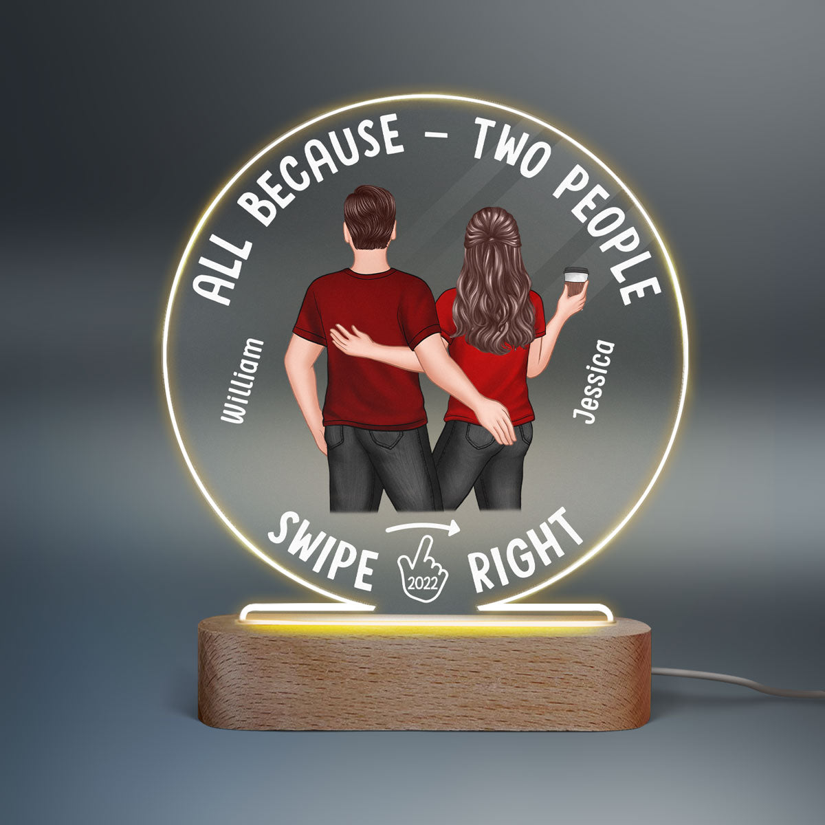 Two People Swipe Right Couple Dating App Personalized Circle LED Night Light, Acrylic LED Lamp, Valentine‘s Day Gift For Him, Gift For Her