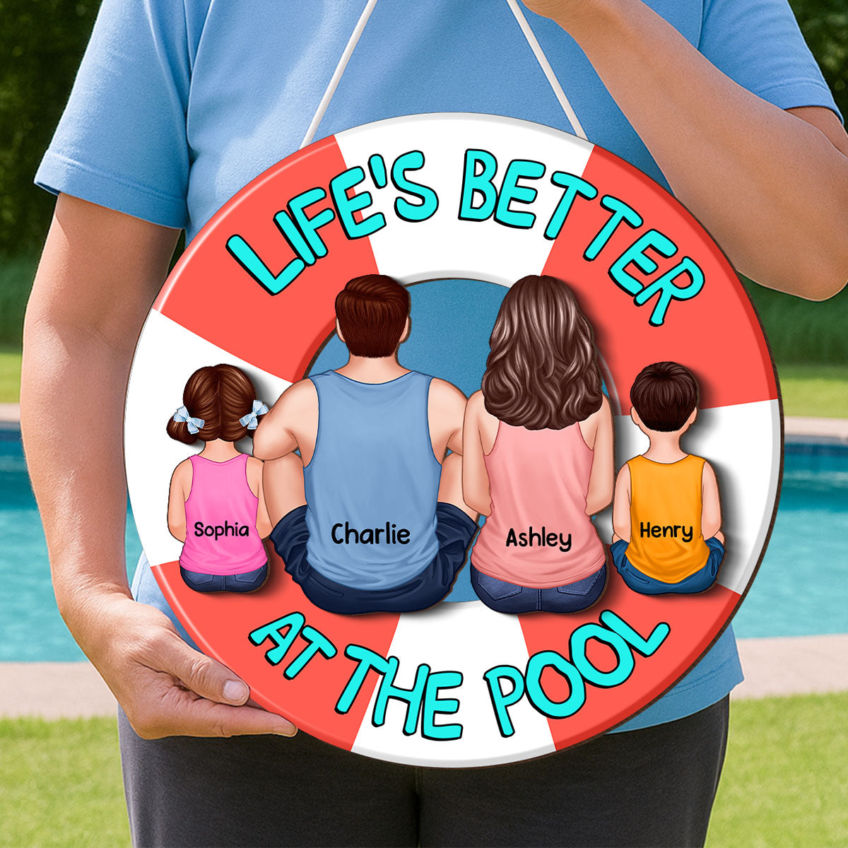Family Sitting Back View Poolside Swimming Float Personalized 2-Layer Wood Sign