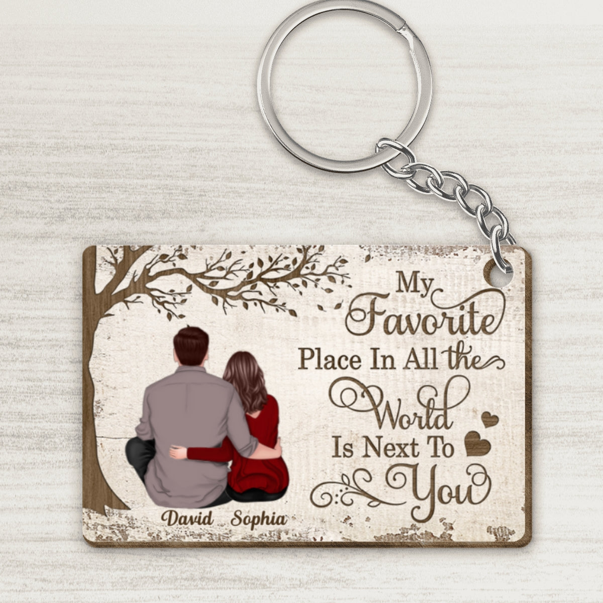 Back View Couple My Favorite Place In All The World Is Next To You Personalized Wooden Keychain