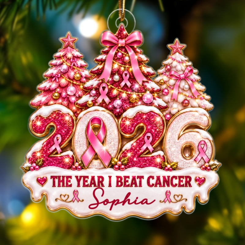 The Year I Beat Breast Cancer - Personalized Acrylic Ornament - Christmas Gift For Breast Cancer Survivors, Breast Cancer Awareness Gift
