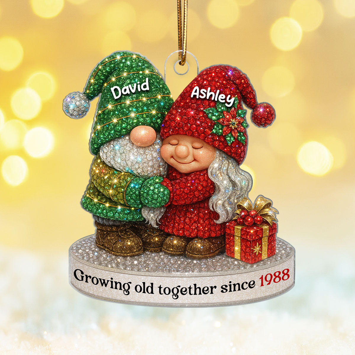 Crystal 3D Effect Gnome Old Couple - Personalized Acrylic Ornament - Christmas Gift for Couple, Husband, Wife