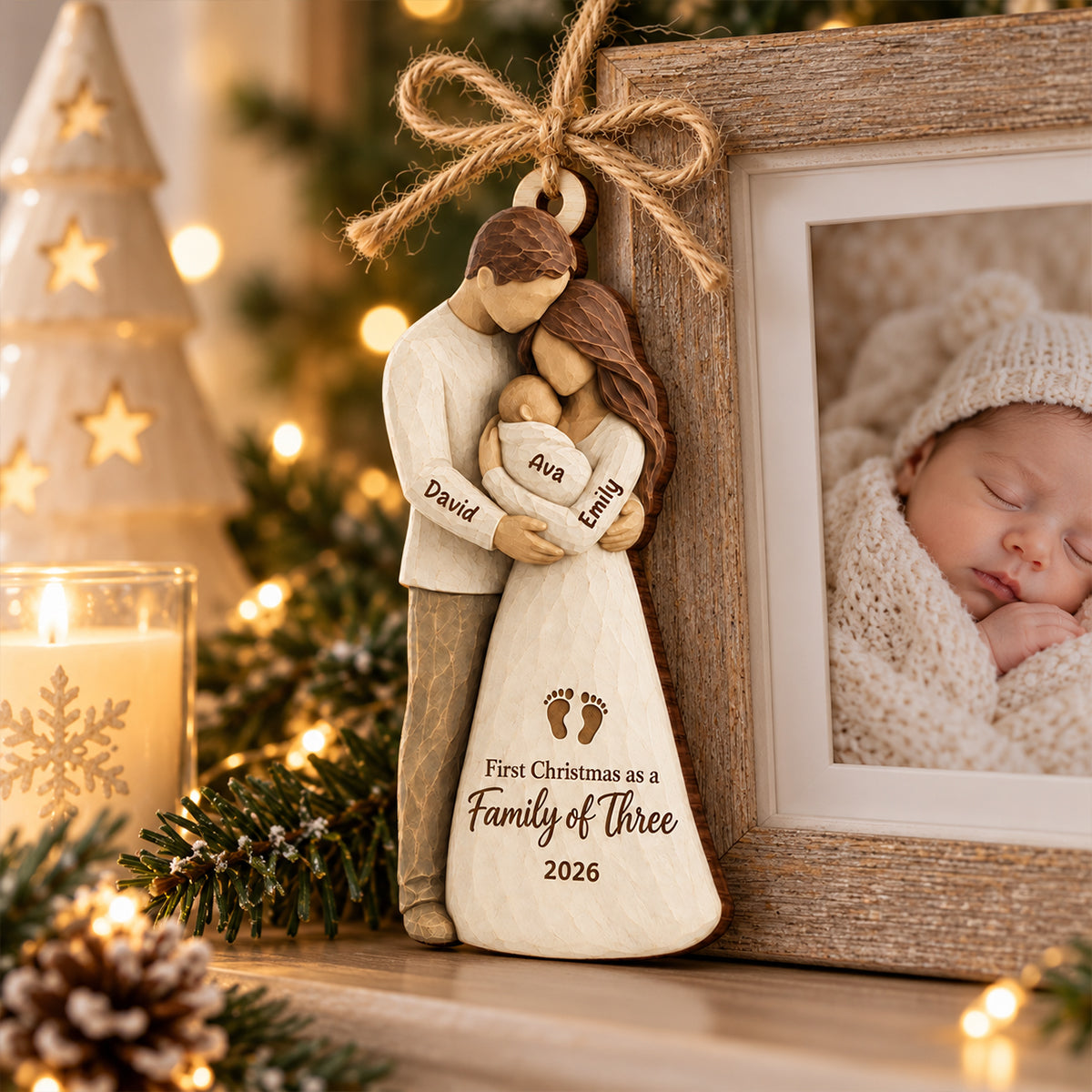 Family Of Three Standing 2D Flat Printed - Personalized Wooden Ornament - First Christmas Keepsake For New Parents