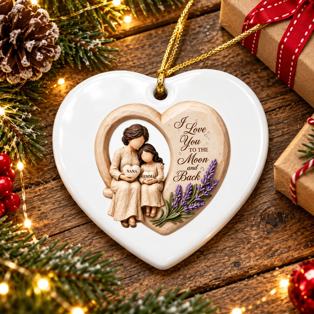 Grandma Loves to the Moon and Back - Personalized Ceramic Ornament - Christmas Gift for Granddaughter Grandson