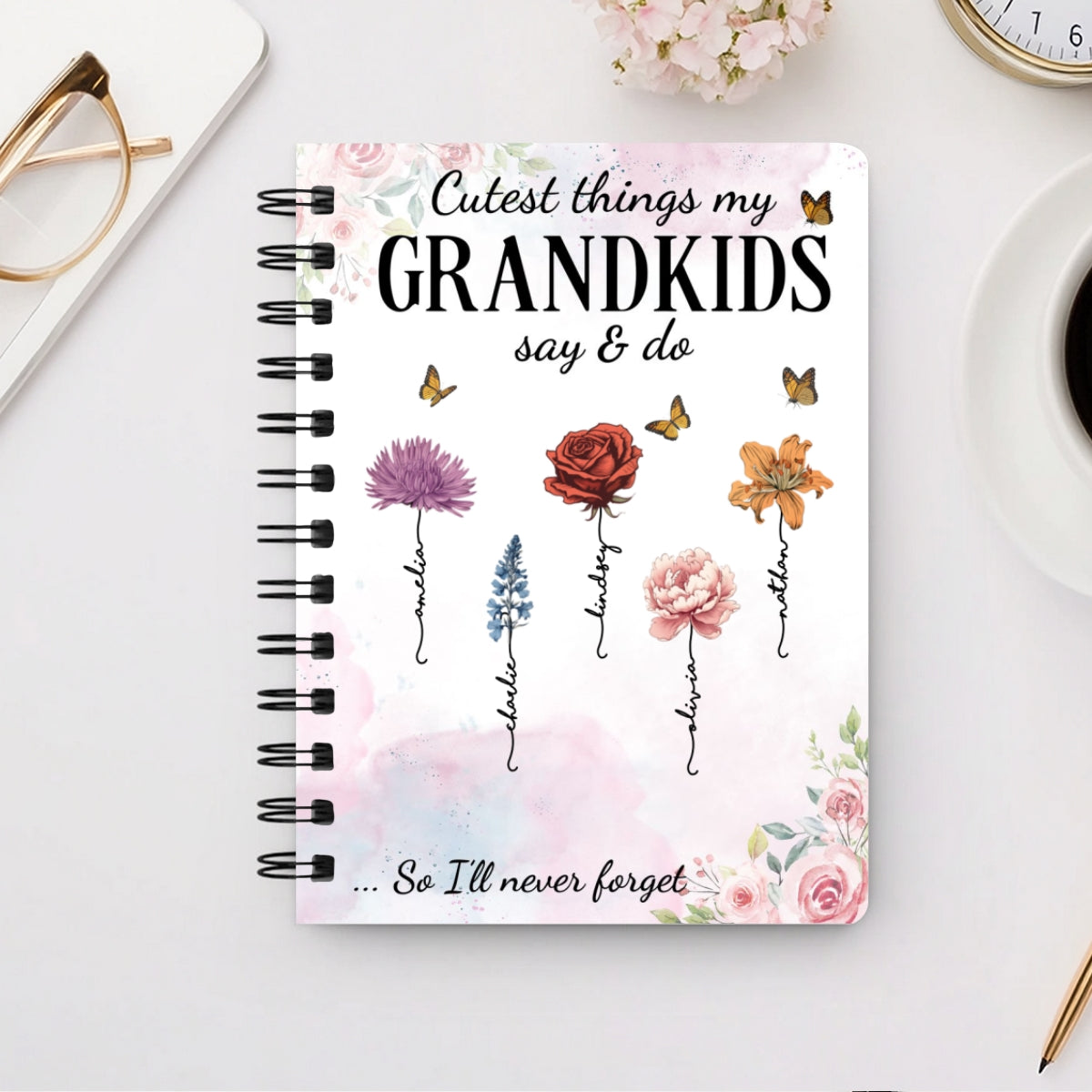 Cutest Things My Grandkids Say & Do Birth Month Flower Personalized Spiral Notebook Journal, Memory Book
