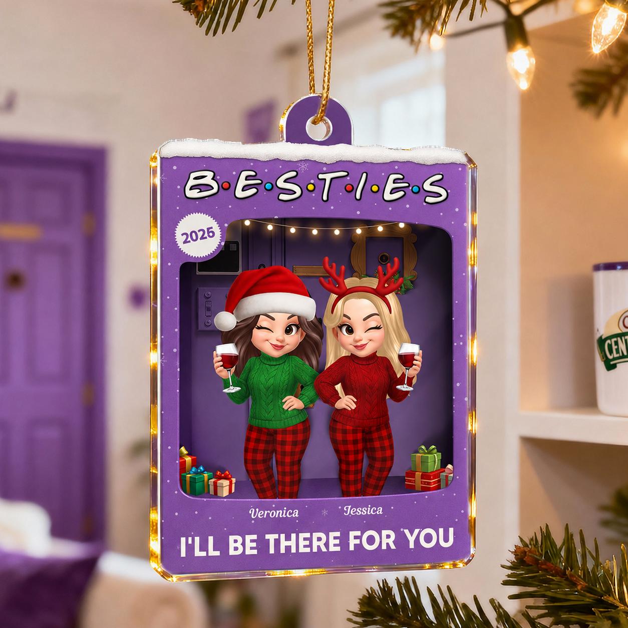 3D Effect Pretty Girl Best Friends Purple Toy Box Style - Personalized Acrylic Ornament - Christmas Gift For Besties