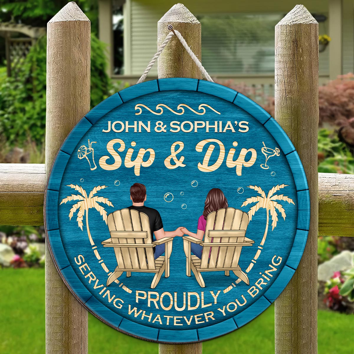 Sip & Dip Couple Sitting Personalized Wood Sign