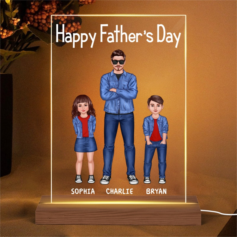 Dad And Kids Standing Front View Personalized Rectangle Acrylic LED Night Light