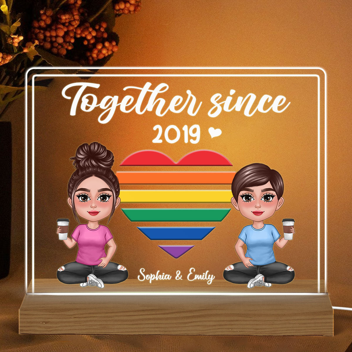 LGBT Doll Couple Sitting Together Since Personalized Acrylic Custom Shape LED Night Light