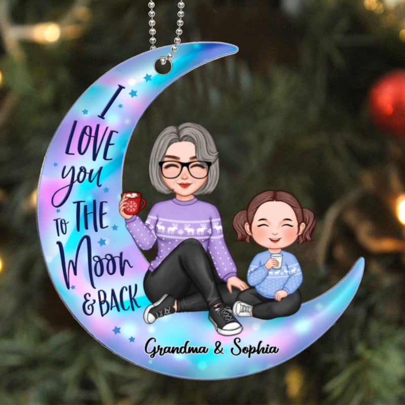 Colorful Cute Grandma & Grandkid On Moon Christmas Gift For Granddaughter Grandson Personalized Acrylic Ornament