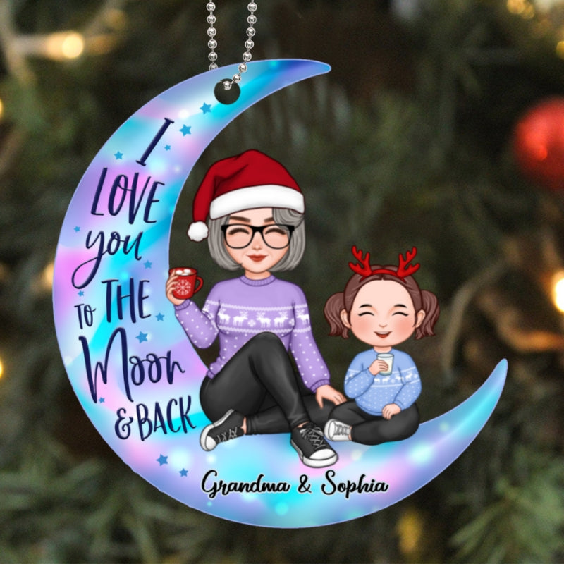 Colorful Cute Grandma & Grandkid On Moon Christmas Gift For Granddaughter Grandson Personalized Acrylic Ornament