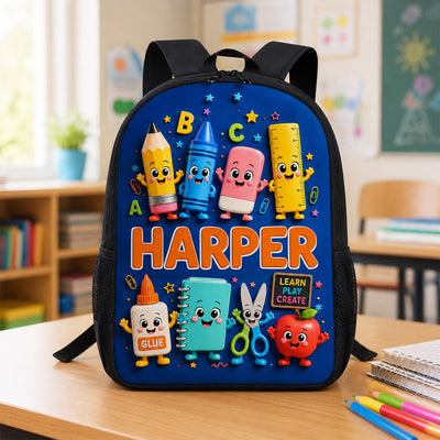 Playful School Things With Kid Name 2D Flat - Personalized Backpack - Back To School Gift