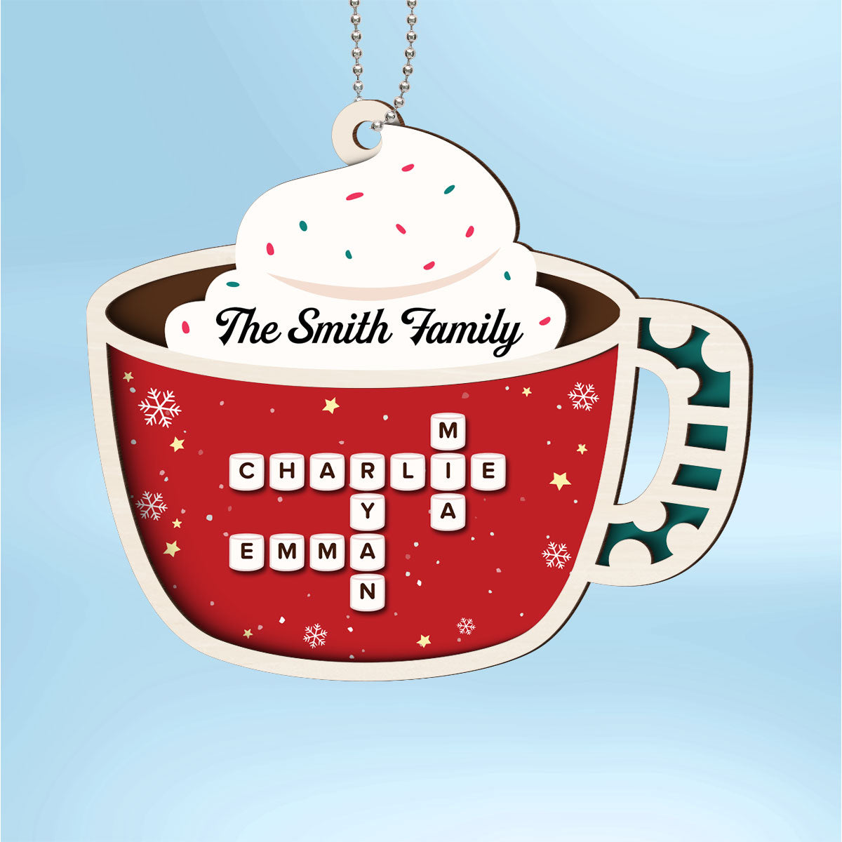 Family Marshmallow In Hot Cocoa Crossword 2-Layered Wooden Ornament, Personalized Christmas Ornament, Unique Decoration For Family