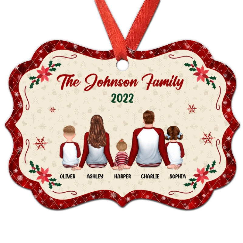 Pajamas Family Sitting Back View Christmas Vibe Red Border Personalized Christmas Ornament