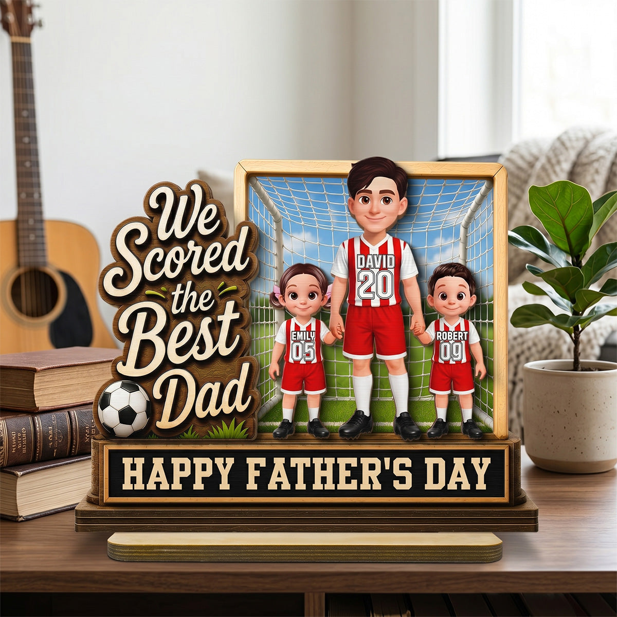 We Scored The Best Dad Dad & Kids In Goal 2D Flat - Personalized 2-Layered Wooden Plaque - Father's Day Gift For Soccer Dad, UK Football Dad