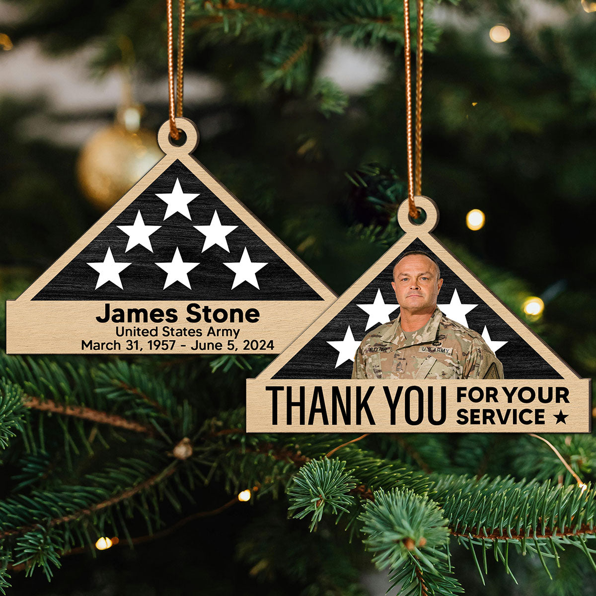 Memorial Honor Sympathy Gift Folded Flag Photo Inserted Personalized Double-Sided Wooden Ornament