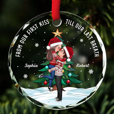 Couple Hugging Kissing Christmas Tree Personalized Glass Ornament, Christmas Gift For Him, For Her