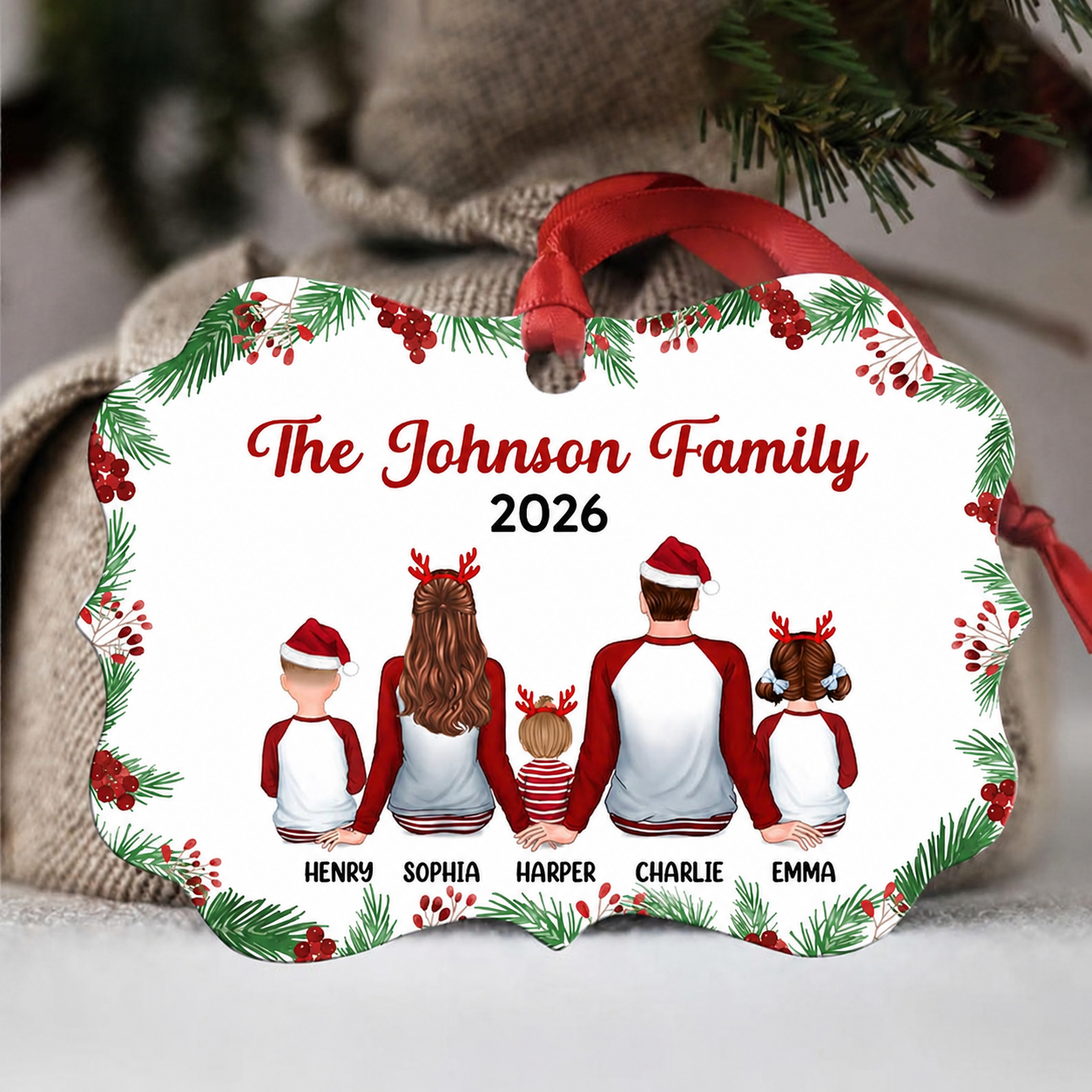 Holly Branch Pajamas Family Sitting Christmas Personalized Christmas Ornament