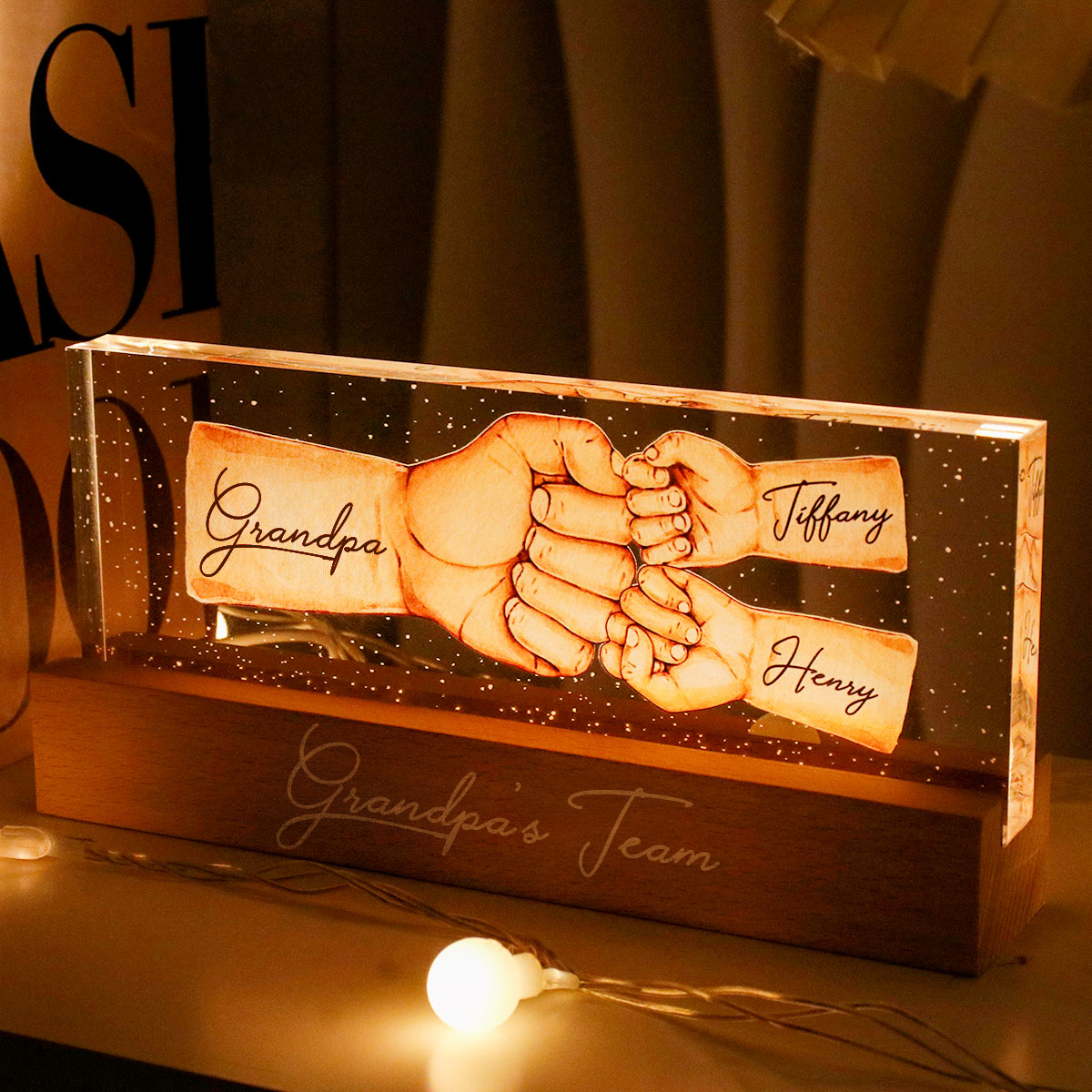 Grandpa's Team Fist Bump Personalized Acrylic LED Night Light, Father's Day Gift For Grandpa