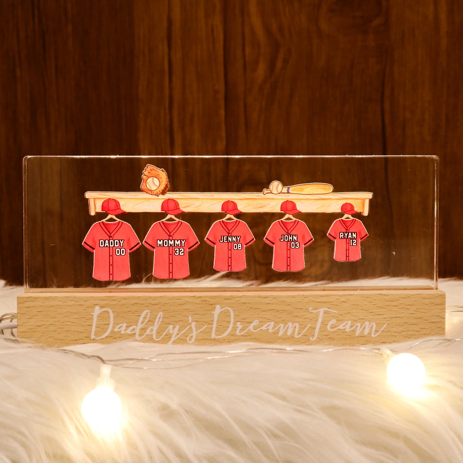 Daddy's Baseball Team Personalized Acrylic Block LED Night Light