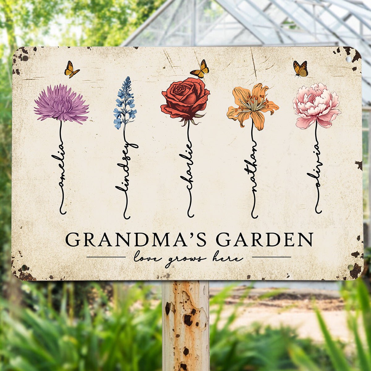 Grandma‘s Garden Love Grows Here Beautiful Birth Month Flower Gift For Grandma Mom Personalized Metal Sign