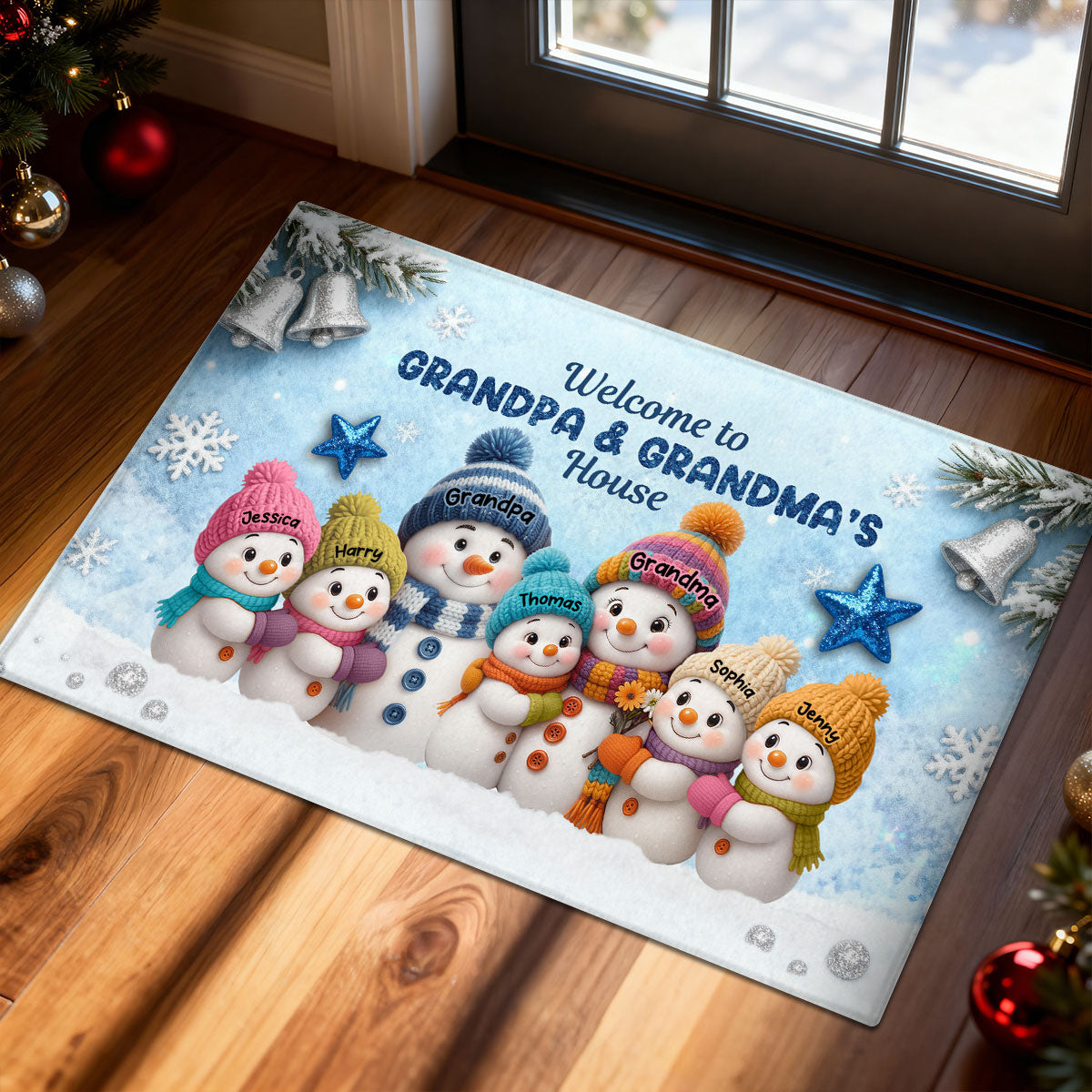3D Effect Snowy Christmas Snowman Welcome To Grandma Grandpa House - Personalized Doormat