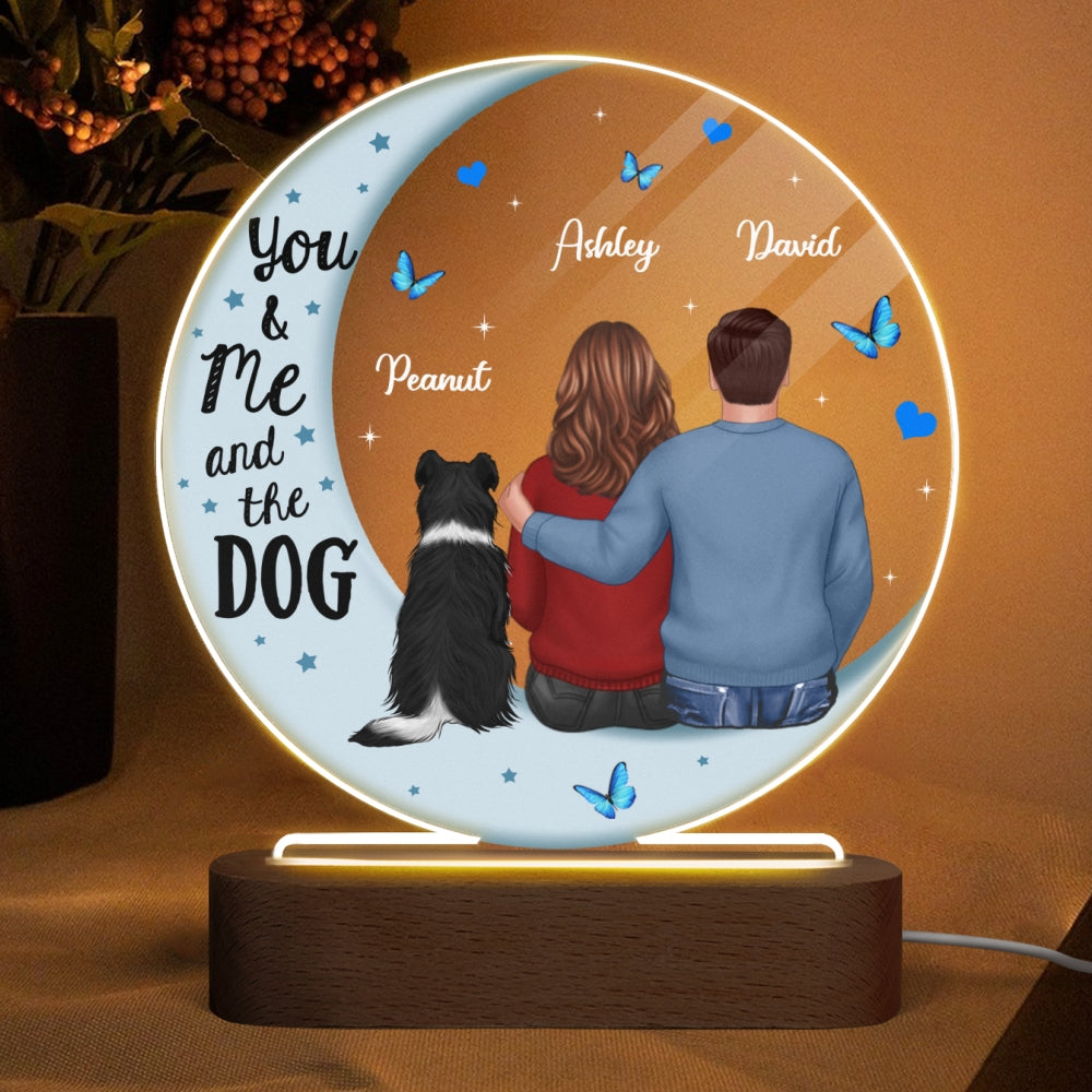 Couple And Dog Blue Moon Personalized Circle Plaque LED Night Light - Acrylic LED Lamp - Valentine‘s Day Gift For Him, Gift For Her