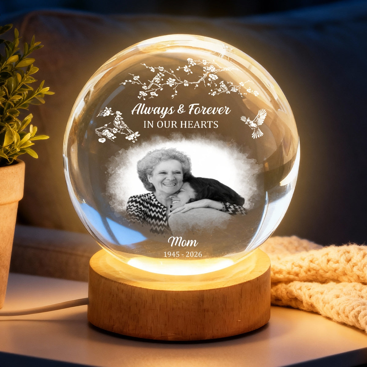 Always and Forever in Our Hearts - Personalized Crystal Ball LED Night Light - Heartfelt Memorial Keepsake, Memorial Gift For Loss Of Father, Mom