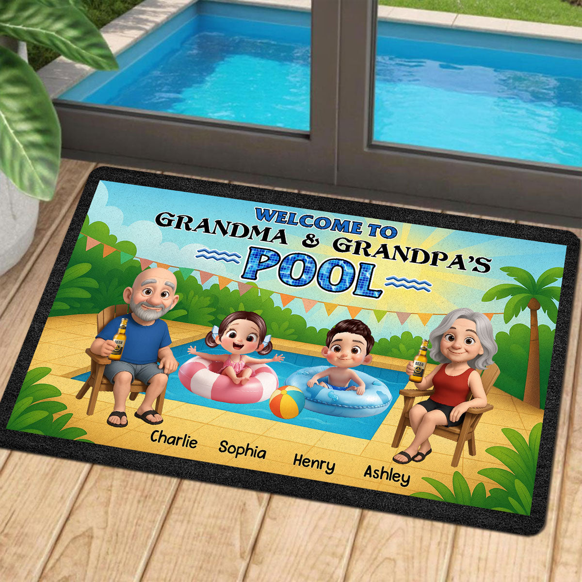 Welcome to Grandparents Pool Personalized Non-Slip Doormat, Entryway Front Porch Farmhouse Summer Grandkids Welcome Mat