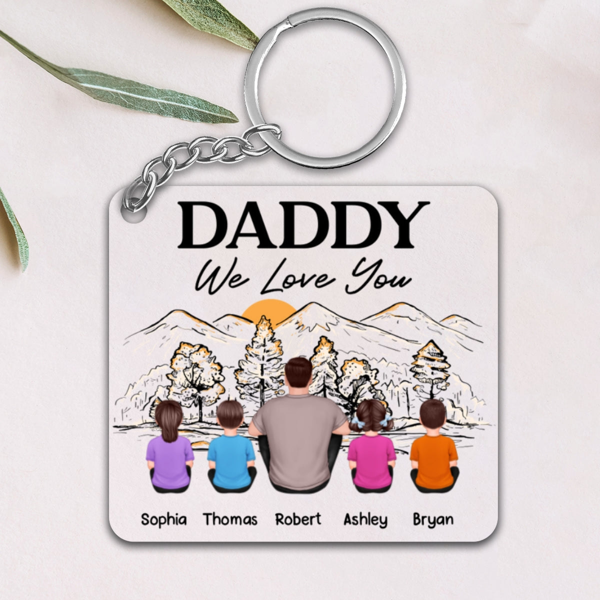 Best Dad Ever Back View Man Kids Dog Cat Mountain Sketch Personalized Acrylic Keychain