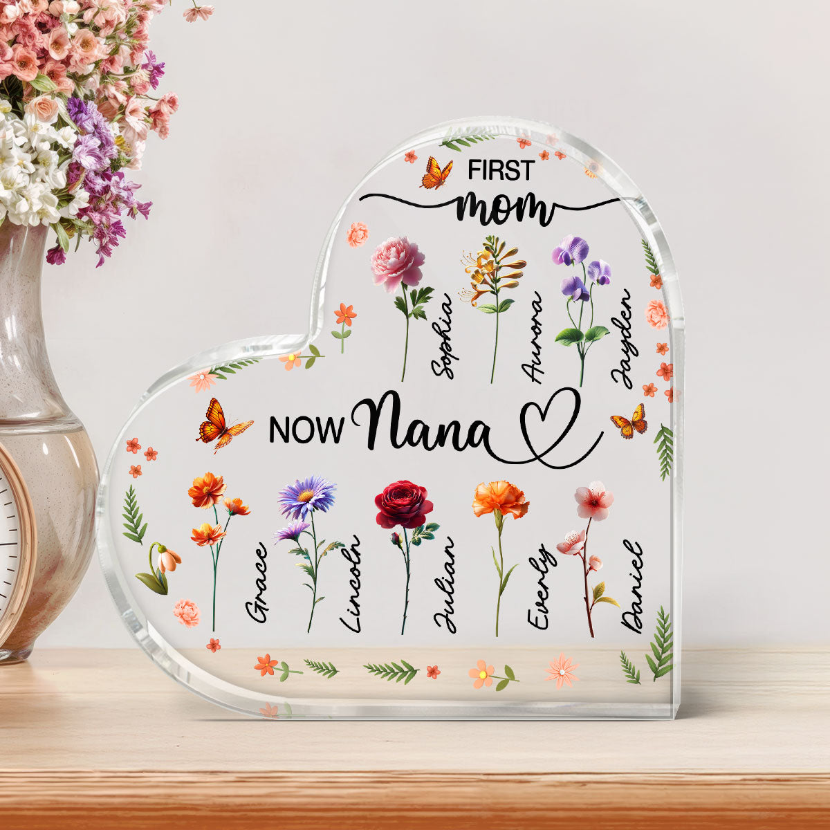 First Mom Now Grandma Beautiful 3D Effect Birth Month Flowers Personalized Heart Shape Acrylic Block Plaque
