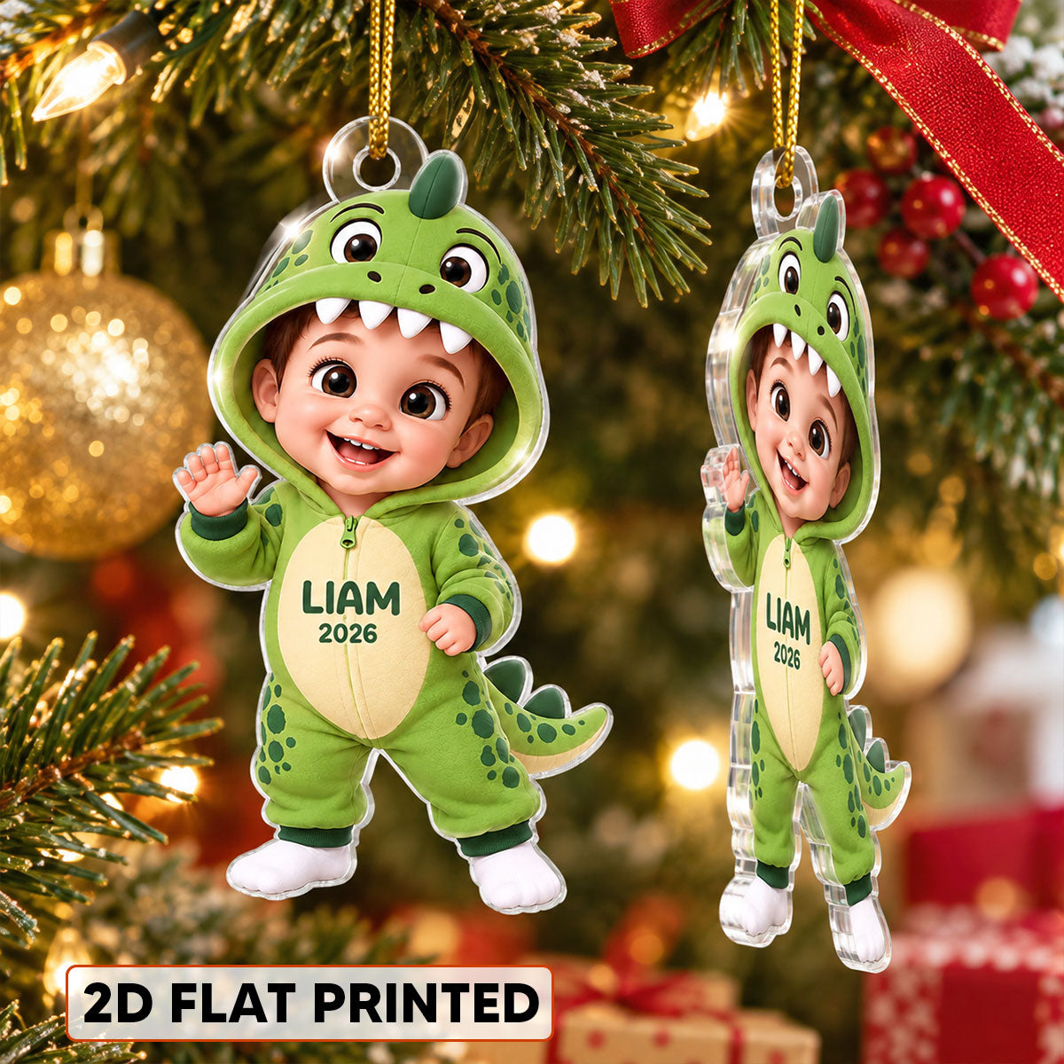 Cute Cartoon Kid With Dinosaur Costume - Personalized Acrylic Ornament - Christmas Gift For Boys, Girls