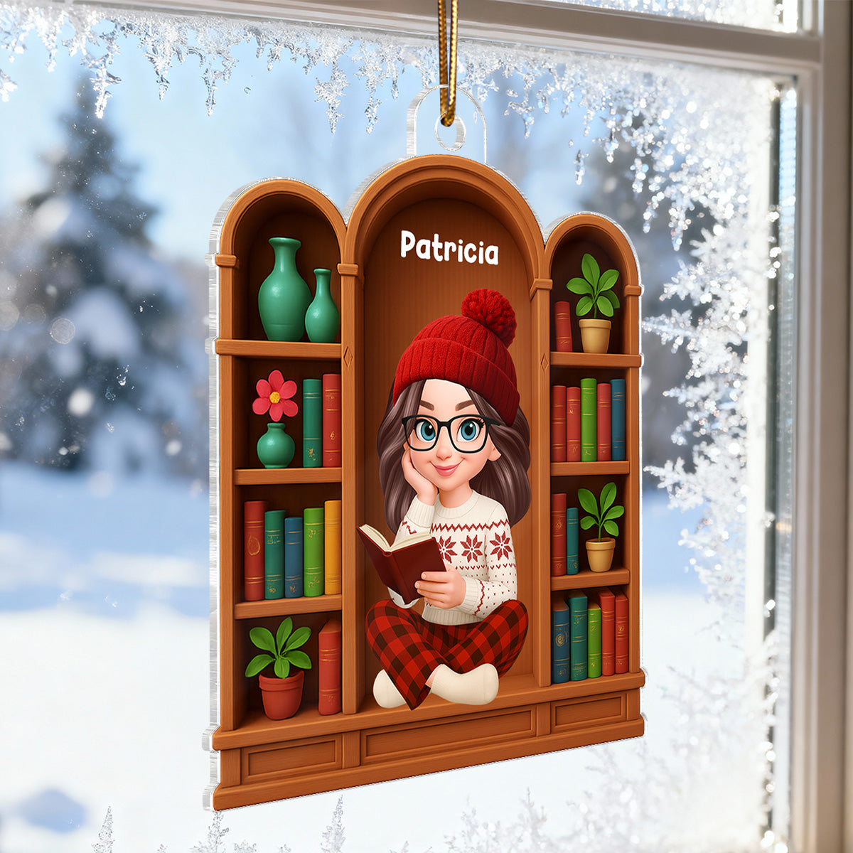 Christmas Cozy Vibe Pretty Girl Reading Book In Arched Bookshelf - Personalized Acrylic Ornament