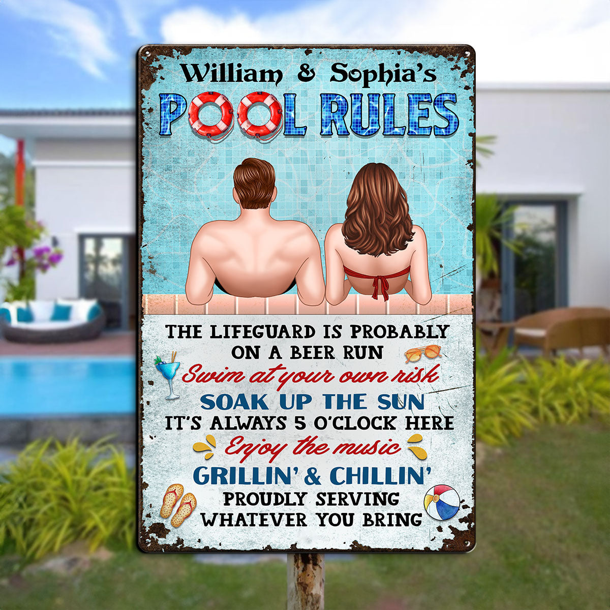Couple Pool Rules Personalized Metal Sign