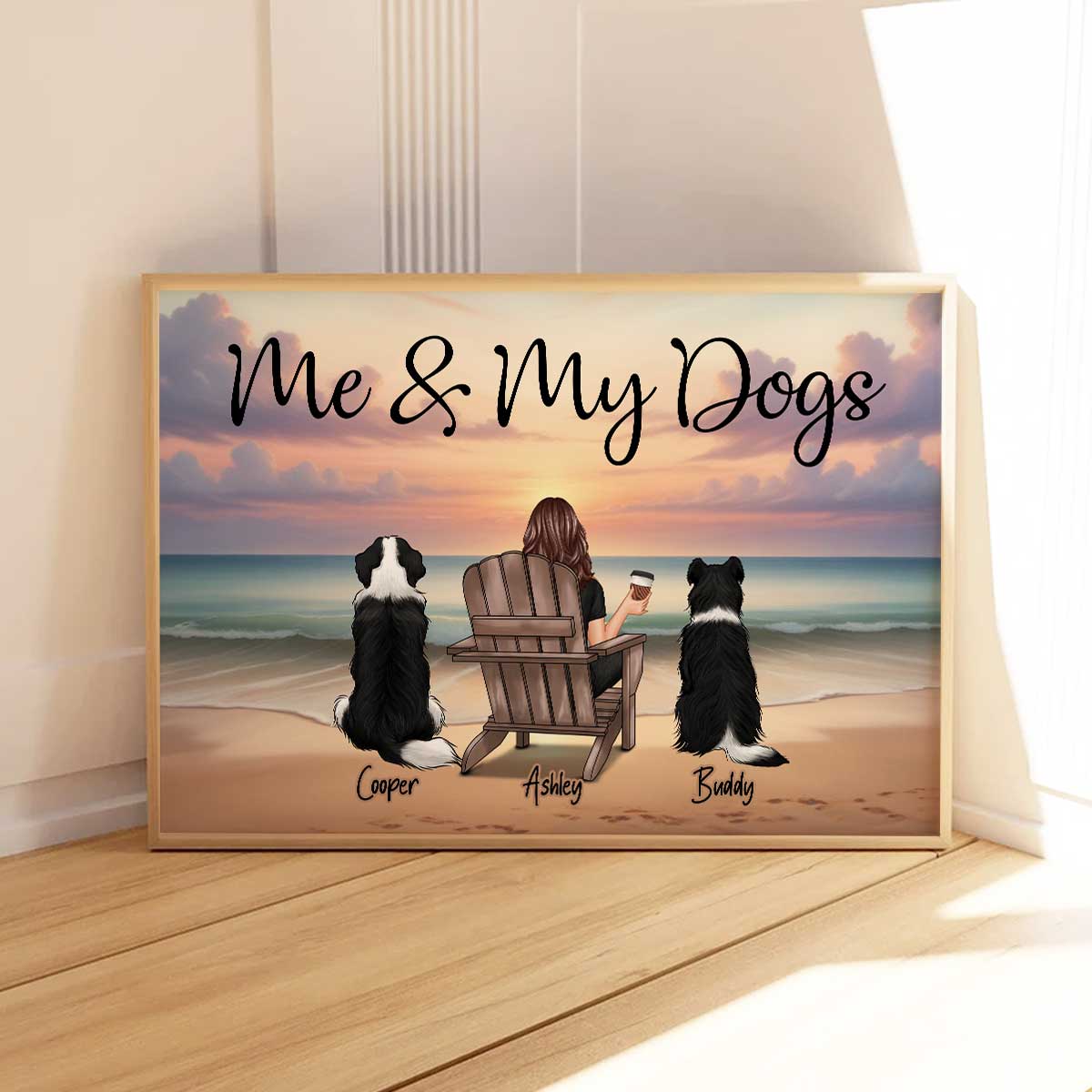Single Person Me And The Dogs Cats Realistic Beach Landscape Personalized Poster