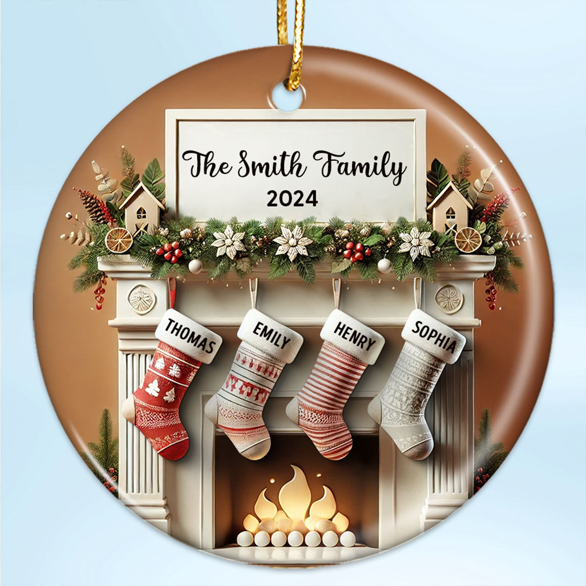 Merry Christmas Festive Fireplace Family Christmas Stockings On Mantel 3D Effect Personalized Ceramic Ornament
