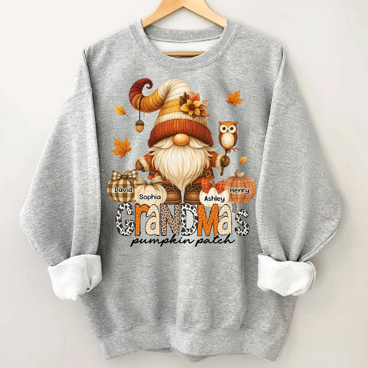 Grandma's Pumpkin Patch Cute Fall Gnome Personalized Sweatshirt, Cozy Fall Shirt for Grandma, Mom