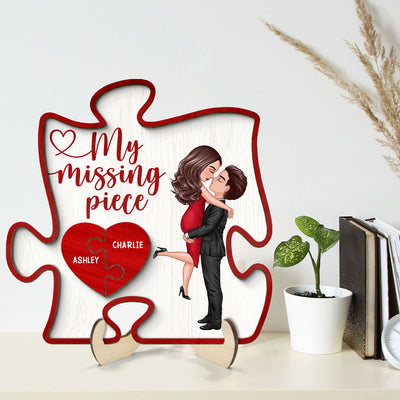 My Missing Piece Couple Hugging Kissing Red Puzzle Shaped Personalized 2-Layer Wooden Plaque, Anniversary Gift,  Gift