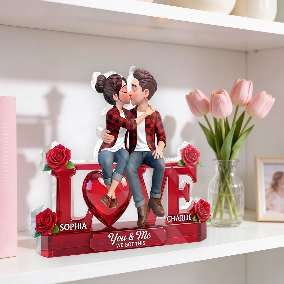 Roses LOVE Couple Sitting Kissing - Personalized Acrylic Block Plaque - Valentine's Day Gift For Couple, For Him, For Her