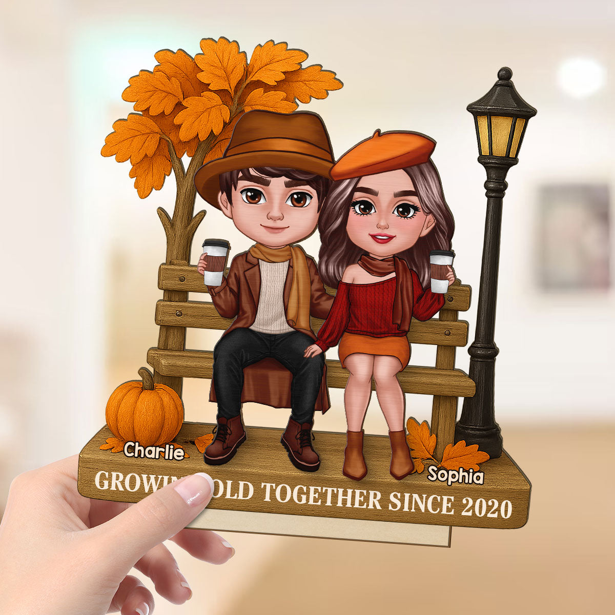 3D Effect Fall Season Couple Sitting On The Bench Personalized 2-Layer Standing Wooden Plaque