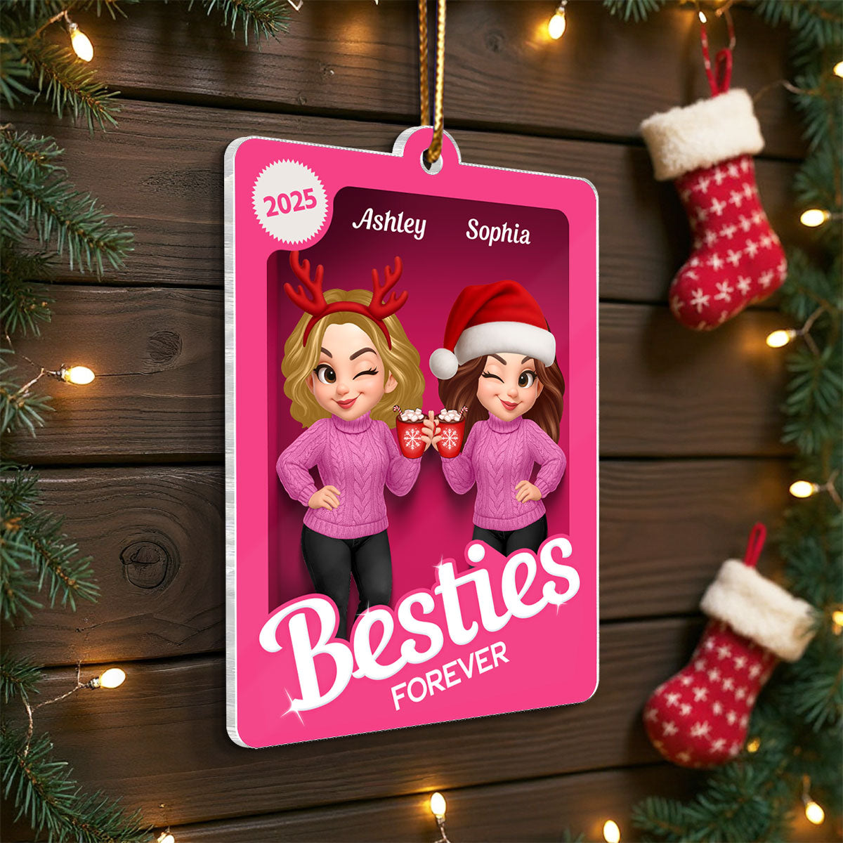 Christmas Besties Forever Pink 3D Effect Action Figure Personalized Acrylic Ornament